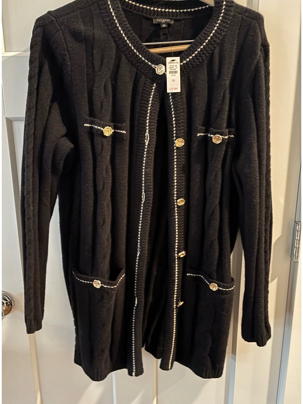 Talbots Black Knit Cardigan with Gold Buttons and White Trim. New with tags